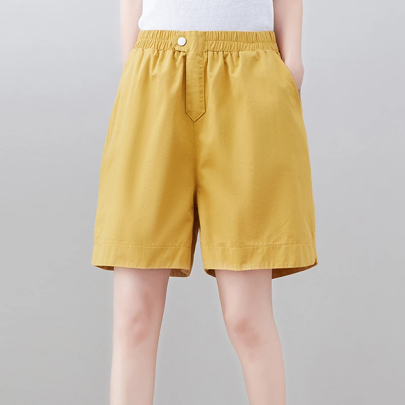 

Summer Loose Wide Leg Shorts For Women Casual Streetwear Straight Elastic Waist Short Pants Cotton Big Size Yellow Bermuda Femme