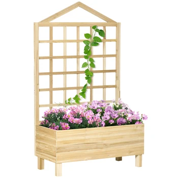 Wooden Planters with Trellis for Vine Climbing, Raised Beds for Garden, Natural