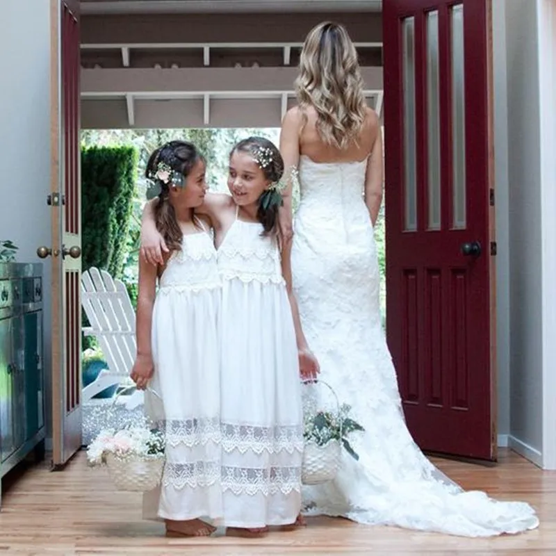 

Long Bohemian Chiffon Lace Flower Girl Dress For Wedding Ankle Length Kids Bridesmaid Princess Gown Formal Birthday Prom Party