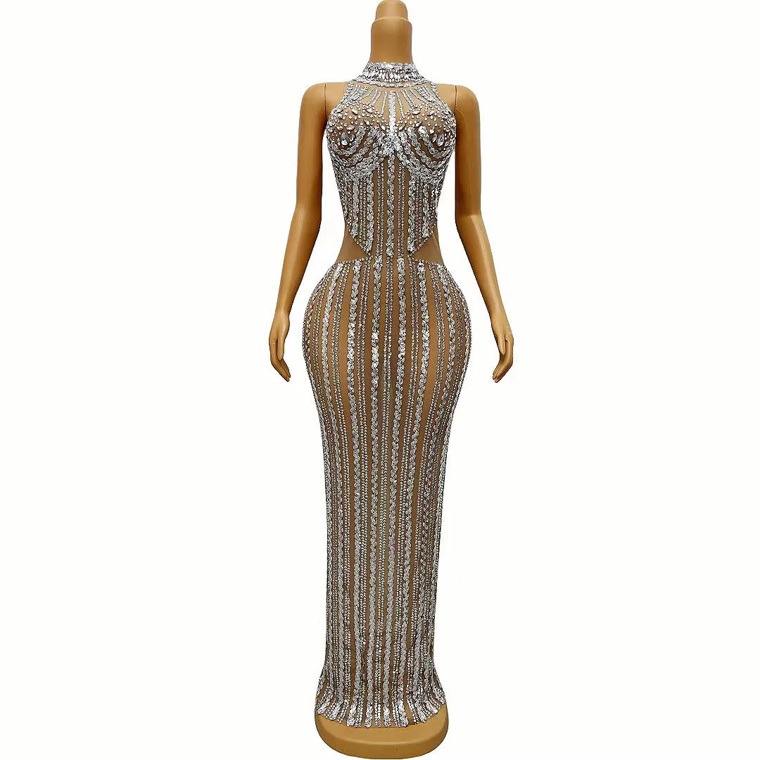 

Блестящее серебряное блестящее женское платье, прозрачное вечернее платье на день рождения, сексуальный костюм без рукавов, наряд для выпускного вечера iiare C123