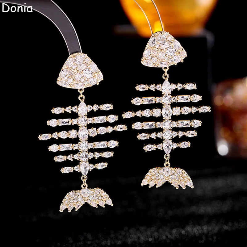 Donia Jewelry Fashion Long Fishbone Titanium Steel Micro-Inlaid AAA Zircon Earrings Luxury Silver Needle Accessories