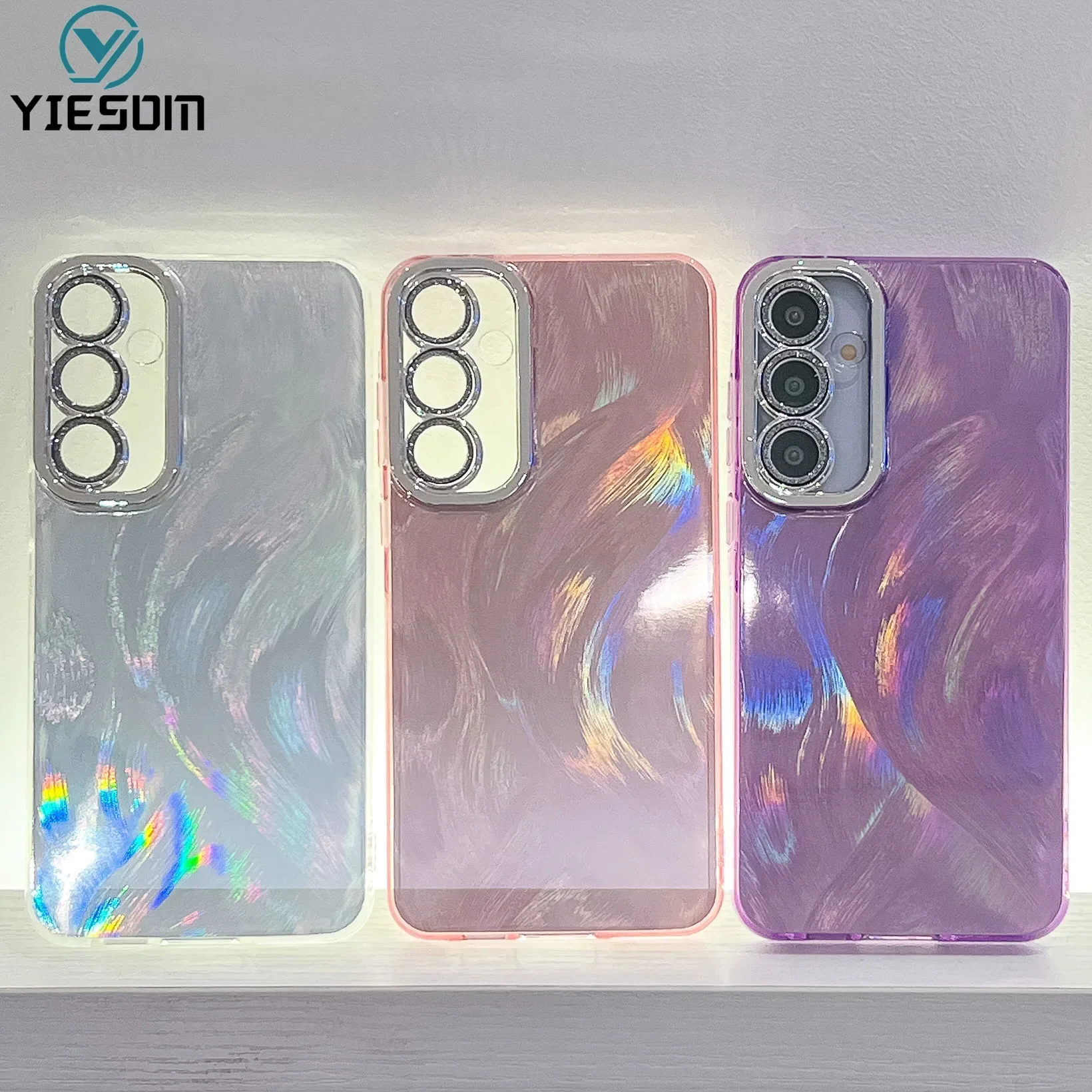 Luxury Laser Feather Gradient Rainbow Phone Case with Lens Film