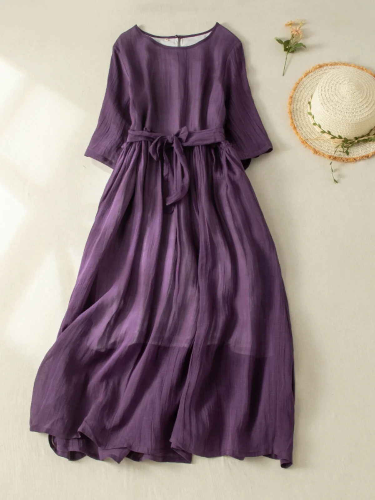 Summer Lightweight Cotton Lin ort Sve Dr Women Loose Waist A-Line Long Dr Retro Sle Belted Splice Loose Waist - Image 4