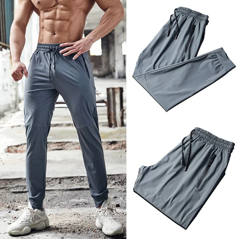 

Men Sport Pant Training Bodybuilding Trousers Youngster Fitness Running Sweatpant Thin Elastic Dry Fit Zipper Pockets Long Pants