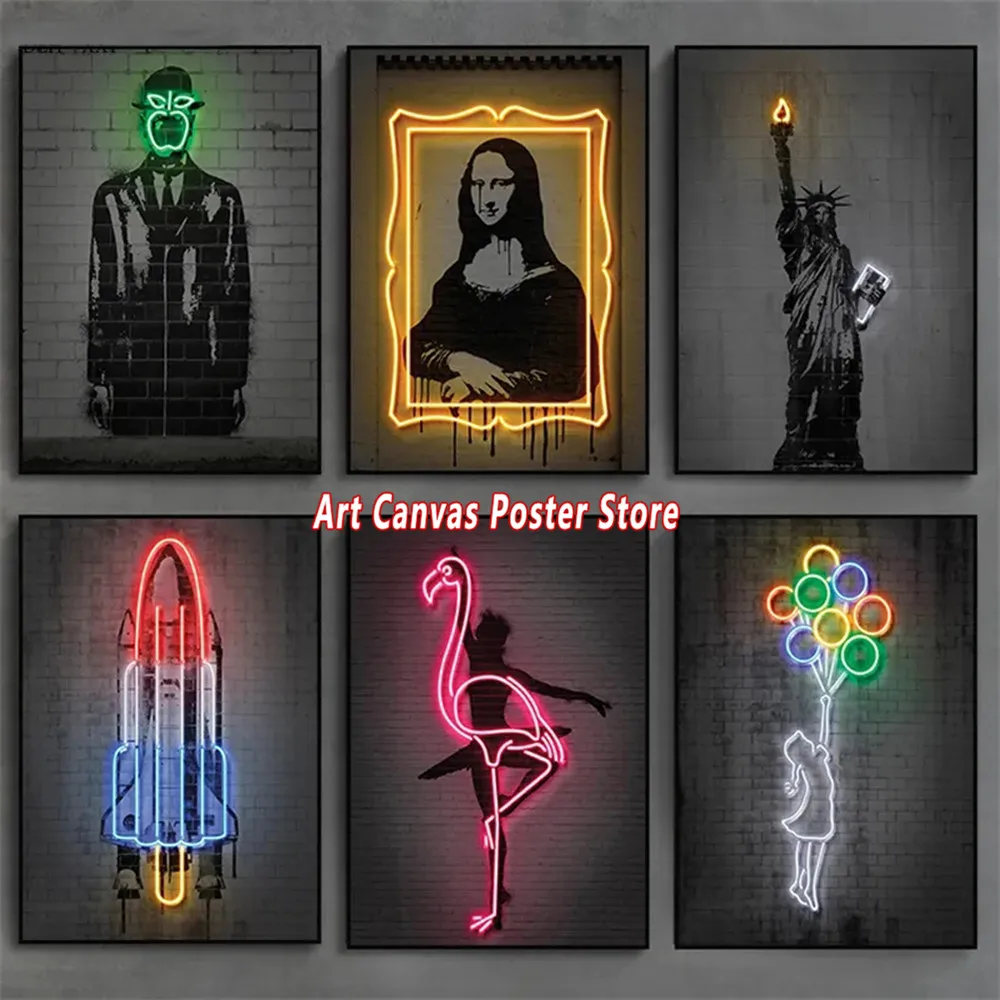 

Neon Design Statue of Liberty Mona Lisa Canvas Posters Rocket Pictures Pop Street Wall Art Painting Modern Home Room Decoration