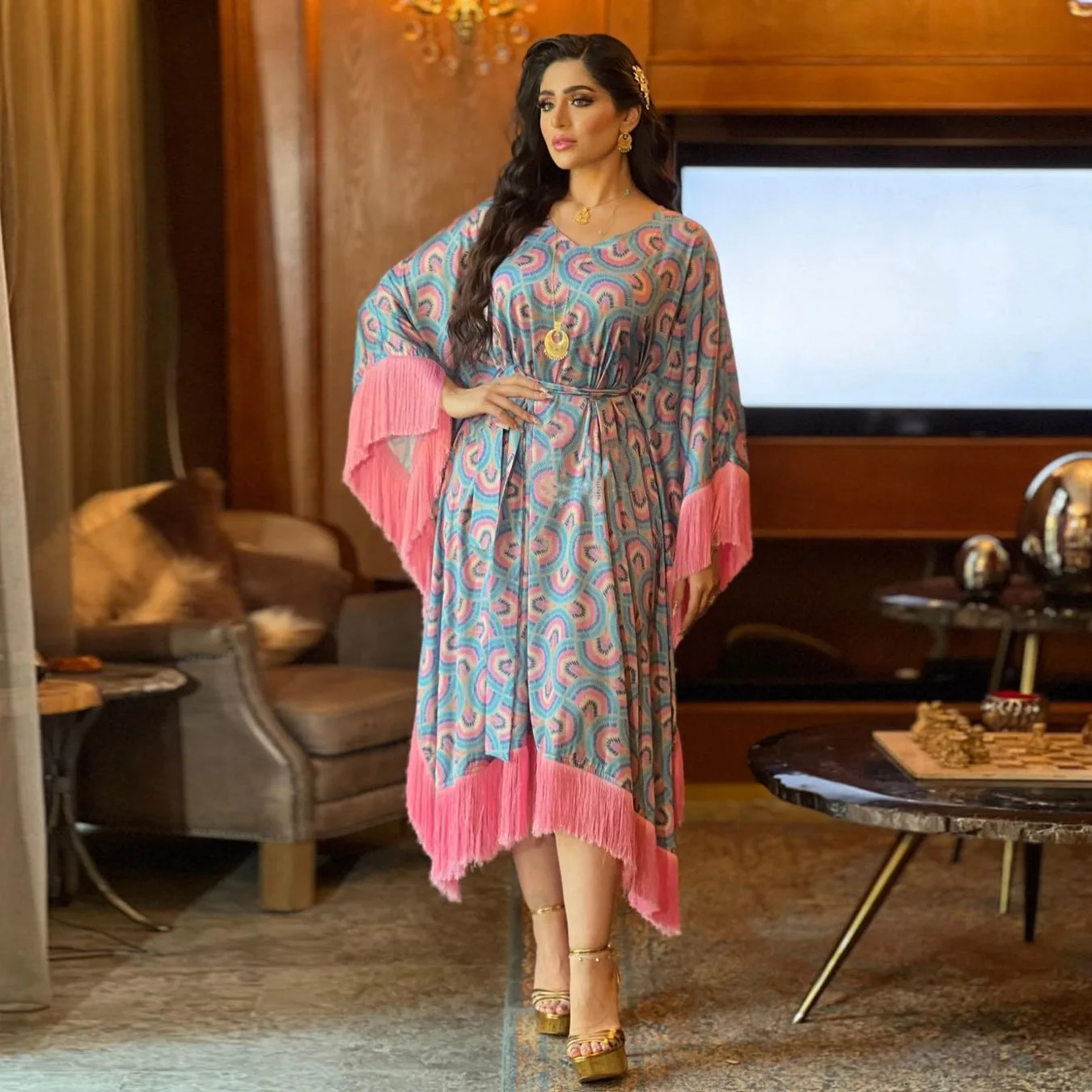 

Tassel Belt Dress Print Eid Muslim Women Abaya Party V Neck Dresses Ramadan Abayas Loose Caftan Kaftan Vestidos 2023 New