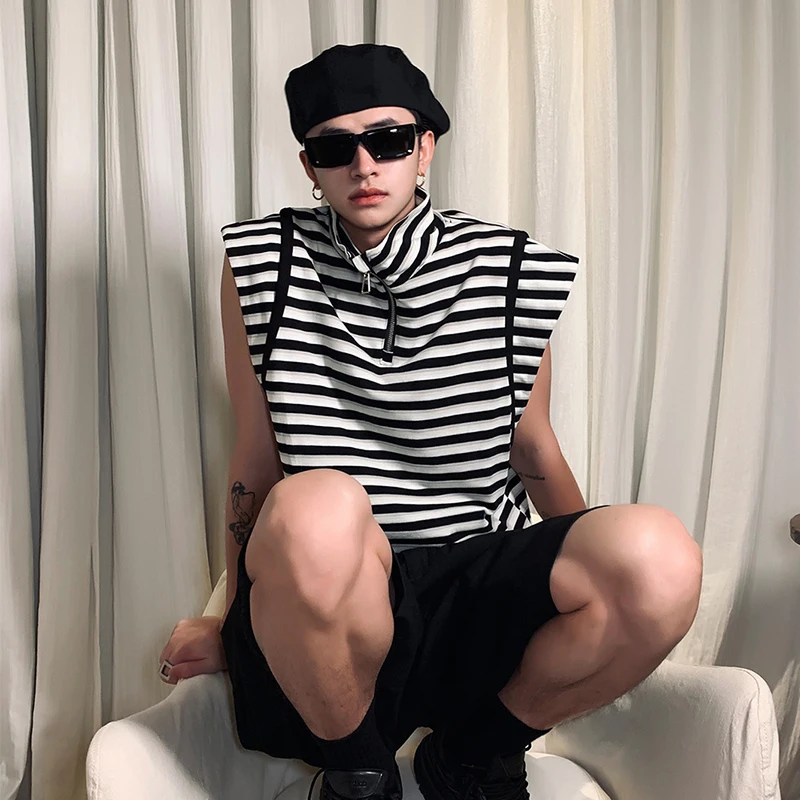 

100% Cotton Turtleneck Black White Striped Oversized Men T Shirts Sleeveless Summer Harajuku Fashion Viintage Trend Unisex Tops