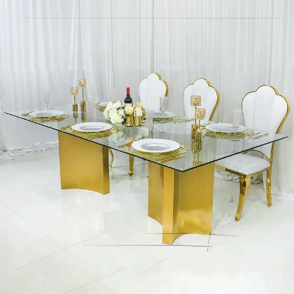 

Golden rectangular mirror banquet stainless steel table with glass top wedding dining tables