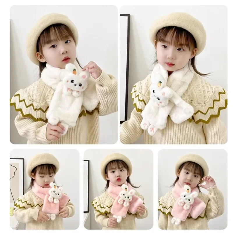 Baby Scarf Boys Girls Winter Scarfs Thick Plush Cross Children's Scarf Baby Bib Cute Cartoon Rabbit Faux Fur Neck Protection
