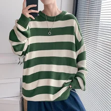 

2021 Winter Clothes New Casual Men's Striped Knitted Fir Fashion Round Neck Loose Sweater Versatile Men Pullover Coat Wool Blend