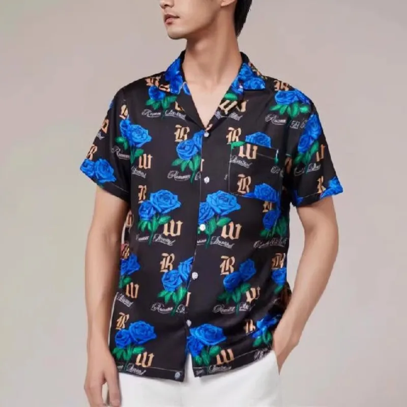 

Vintage Casual Vacation Loose Men Versatile Beach Wear Shirt Outfit Button Flower Printed Short Sleeve Lapel Collar Hawaiian Top