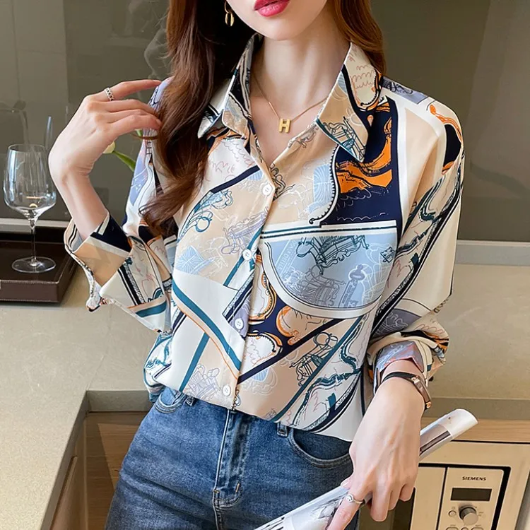 Elegant Fashion Office Lady Blusa Turn-down Collar Vintage Print Tops New Spring Chiffon Women Blouses Long Sleeve Casual Shirts |