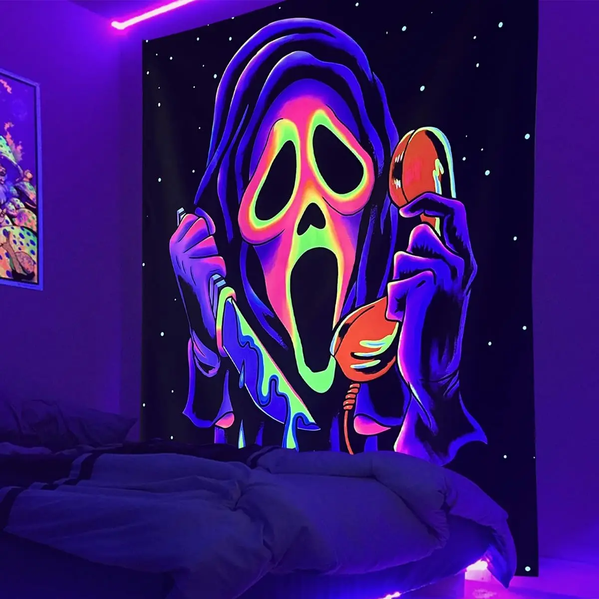 Blacklight Horror Face Tapestry UV Reactive Trippy Wall Hanging Glow in the Dark Party Backdrop for Living Room Decor