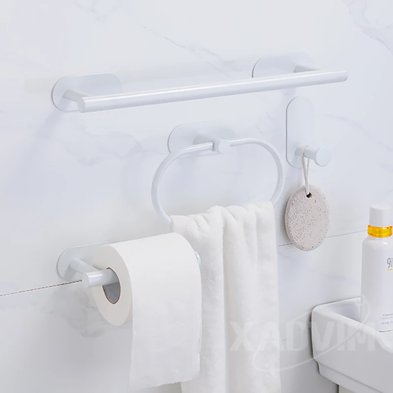 Bathroom Hardware Set Toilet Paper Towel Holder Hook No Drilling Stainless Steel Self-adhesive Towel Ring Robe Hook
