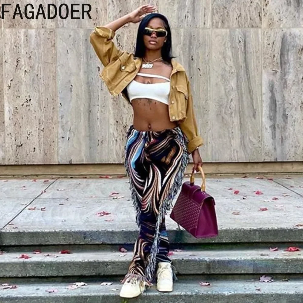 FAGADOER Autumn Casual Retro Pattern Printing Skinny Pants Women High Waisted Tassels Trousers Fashion Female Matching Bottoms