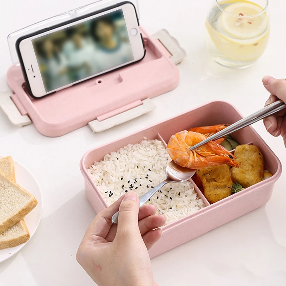 1pc Plastic Divided Lunch Box/Bento Container/Meal Prep Box/Food Storage Box  - Includes Chopsticks, Spoon, and Utensils