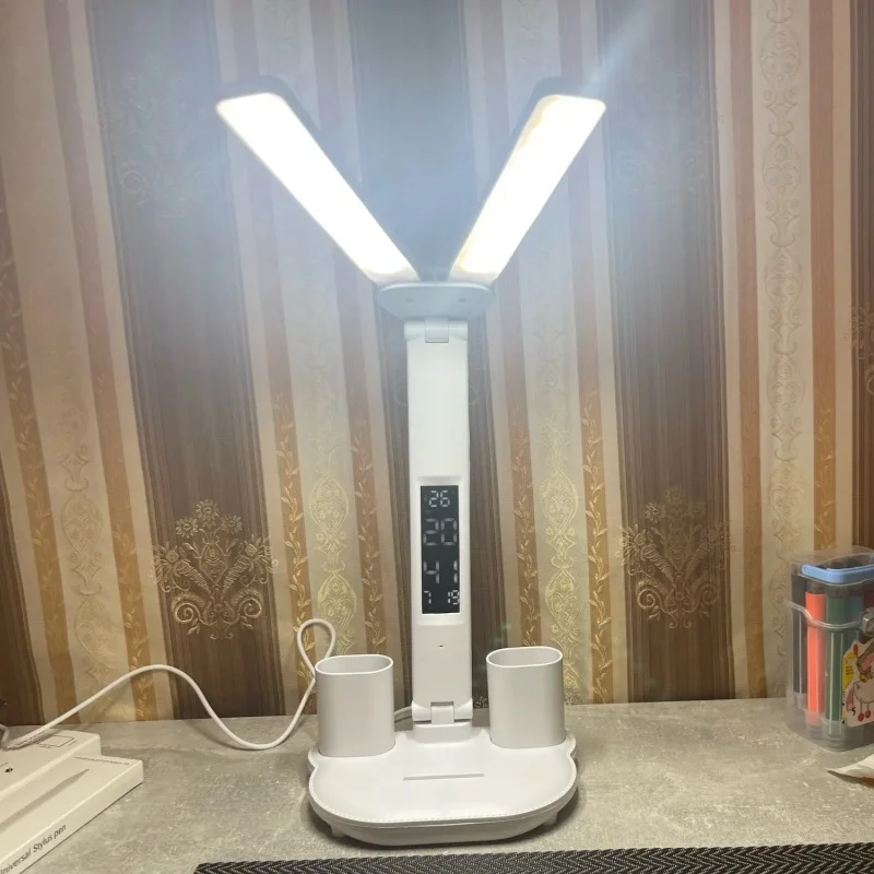 Description Picture 3 of itemNEW Rechargeable LED Clock Dimmable Desk Lamp 2 Heads 180° Rotation Foldable Study Desktop Reading Table Lamp Bedroom Room Lamps
