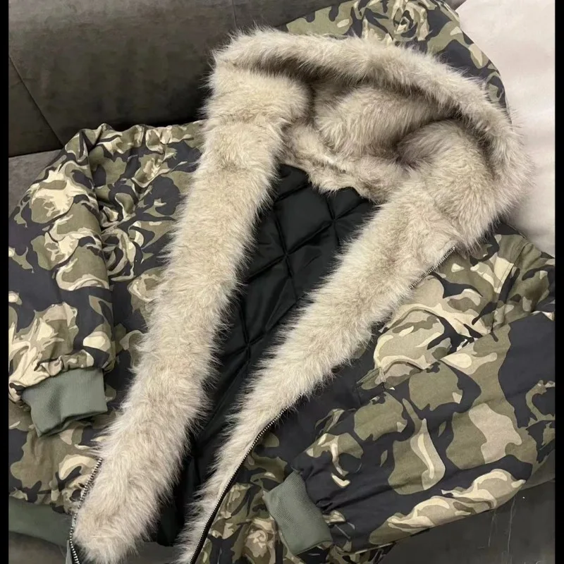 American New Fashion Camouflage Fur Collar Padded Jacket Men Y2K Vintage Hip-hop Pop Punk Baggy Hooded Couples Casual Coat 3