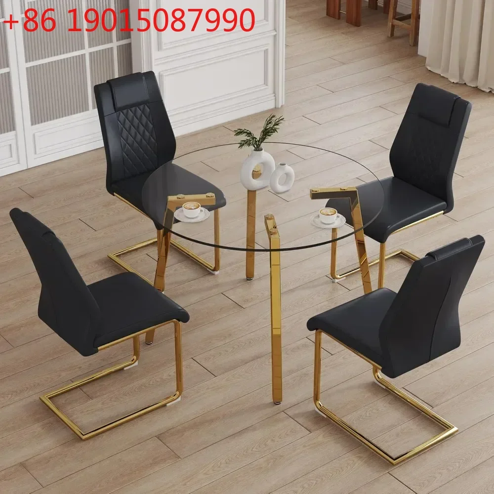 Glass Dining Table Set for 4,40'' Round Dining Table Set with Faux Leather Dining Chairs,for kitchens,Apartment，Dining Tables
