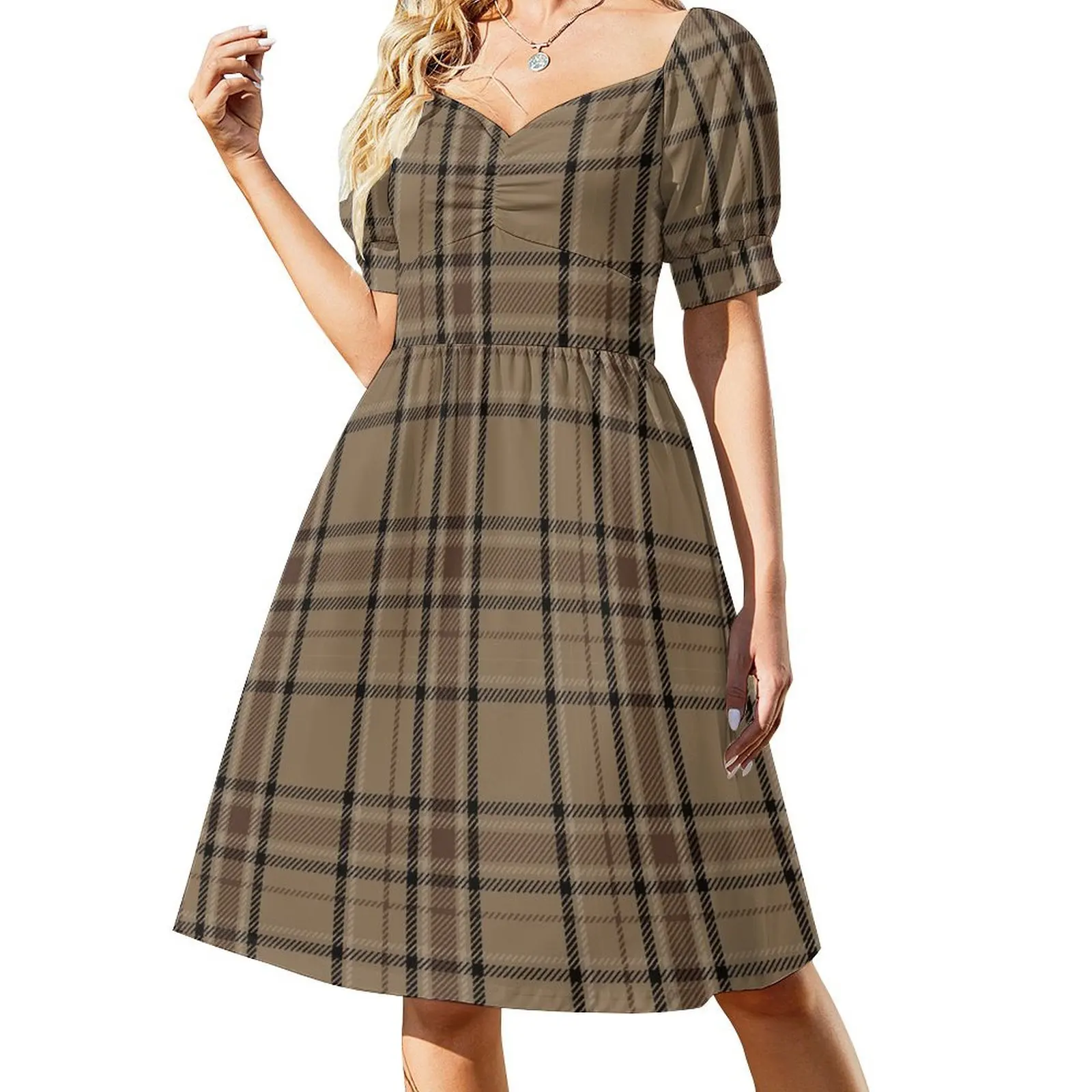 thumbnail image 1 of Vestido de manga corta a cuadros escoceses Dark Academia en negro, beige y marrón, vestidos de mujer para mujer, vestidos de verano para mujer, 1 of 7
