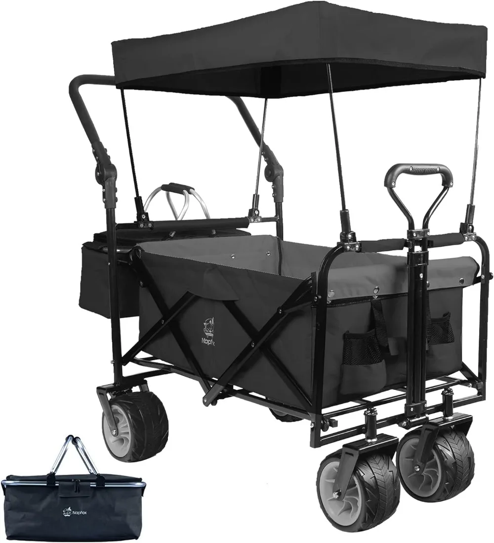 

Collapsible Wagon Heavy Duty Folding Wagon Cart with Removable Canopy, 4" Wide Large All Terrain Wheels, Brake