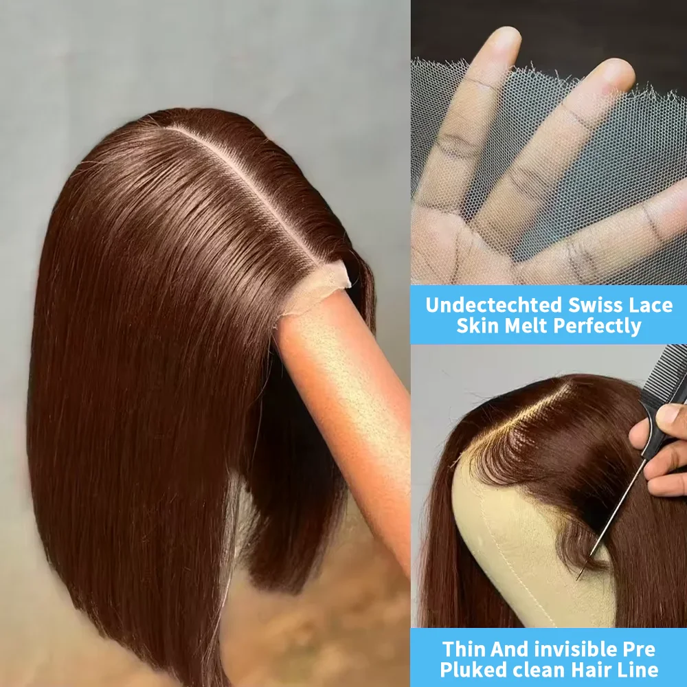 Perruques Bob brésiliennes droites brun chocolat prêtes à porter 7×5 sans colle 100% perruques de cheveux humains # 4 13×4 HD Perruque avant en dentelle pré-épilée