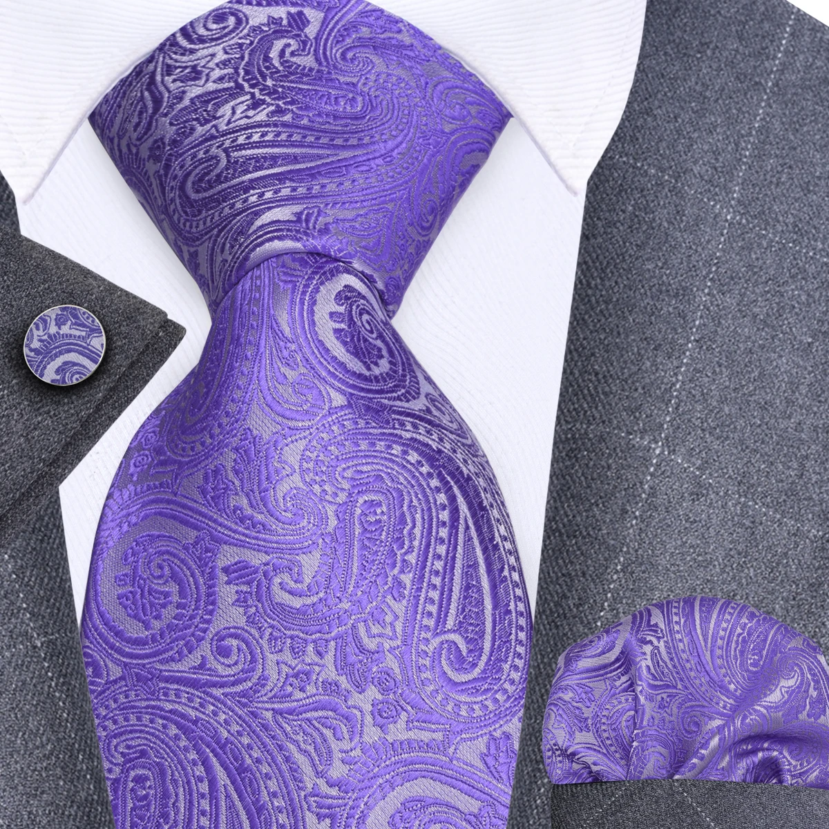 GUSLESON 8cm Blue Black Pink Men Ties Pocket Square Cufflinks Set Paisley Silk Necktie Wedding Business Gift Tie Accessories