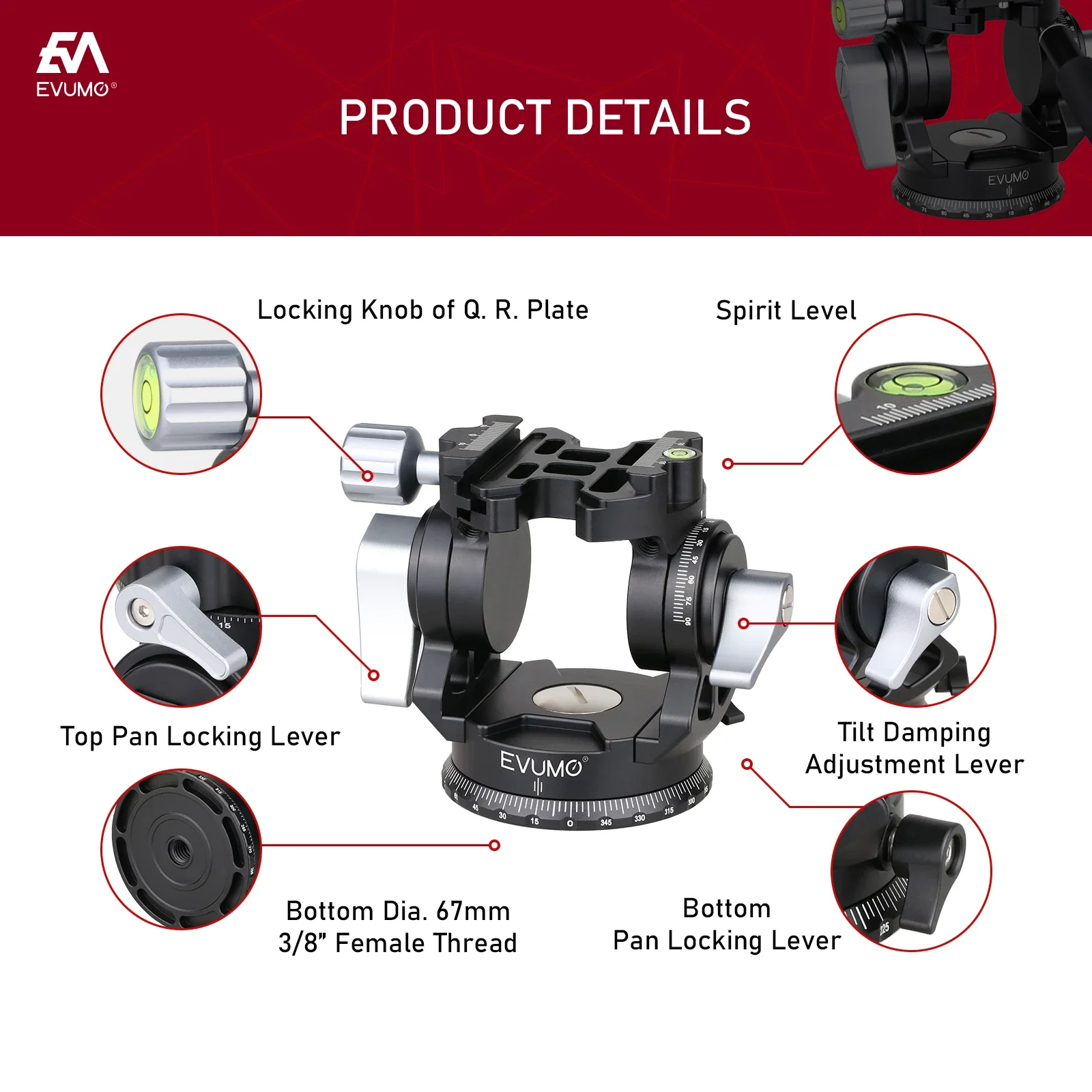 Video Tripod Head EVUMO Hollow Video Hydraulic Head -80&deg;+90&deg; 360 Panoramic Vlog Universal Ballhead for Tripod Monopod