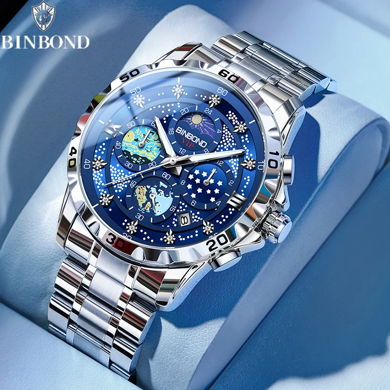 

BINBOND Fashion Starry Sky Van Gogh Men Quartz Watches Date Waterproof Luminous Small Three Pin Exquisite Men's Business Watches