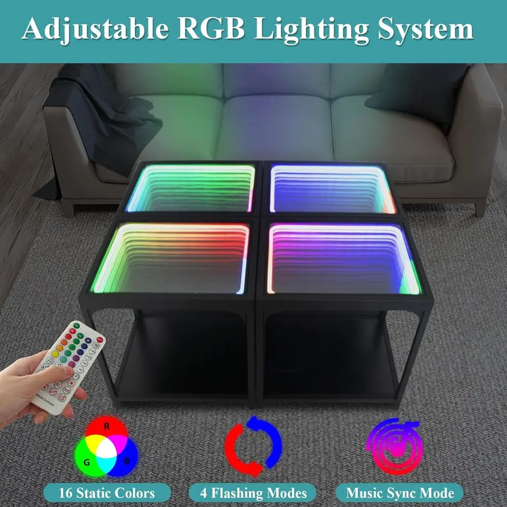 3D Infinity Illusion Mirror Table for Living Room, RGB LED Side Table with Tunnel Light, Futuristic Decor for Bedroom or Party