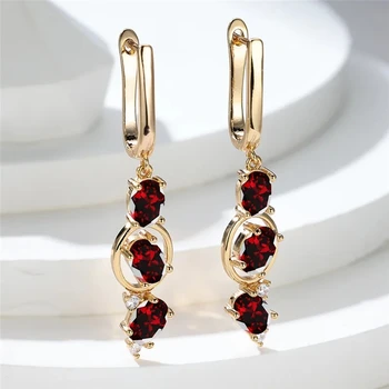 Cute Female Red Zircon Long Hoop Earrings Vintage Green Oval Gold Color Wedding Jewelry For Women