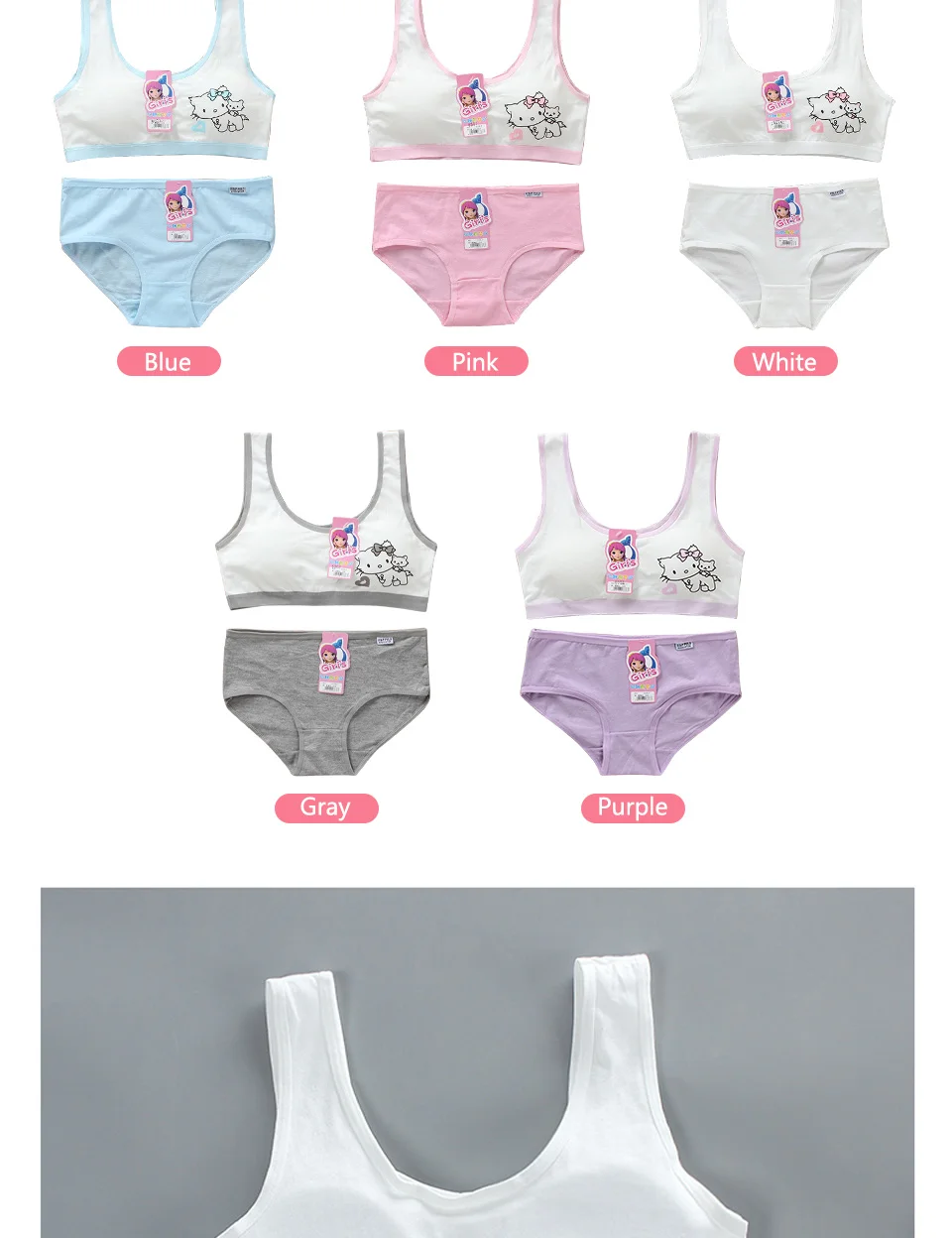 LJMOFA Girls Cute Underwear Set Kids Cotton Sports Training Bra Solid Color Letters Printed Neckline Teenage Briefs Panties B219