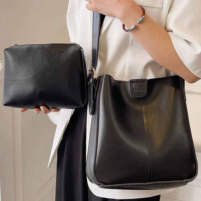 Black Oiled Leather Crossbody Bag - Medium Size