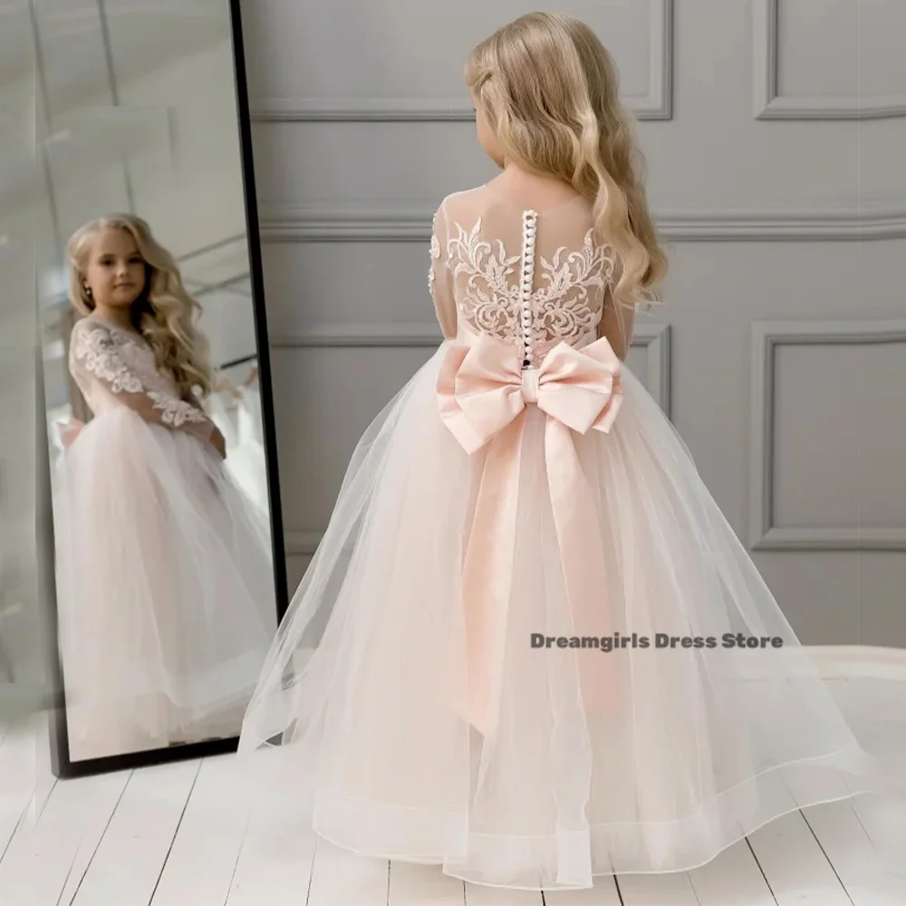 

Dreamgirl Flower Girl Dresses Pink Tulle Puffy Appliques Long Sleeve For Weddings Birthday Party Abnquet First Communion Gowns