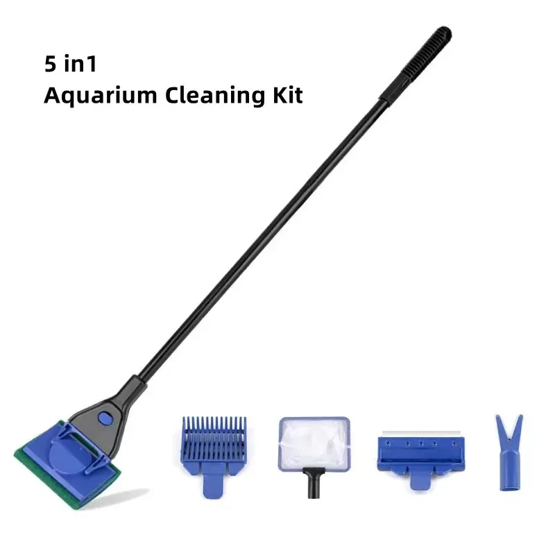 5 in 1 Multifunction Aquarium Cleaning Tools Fish Net Gravel Rake Algae Scraper Fork Sponge Brush Glass Fish Tank Cleaner Set