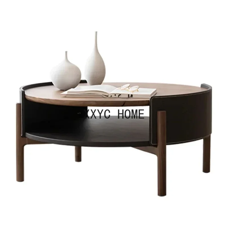 

Nordic Style Solid Wood Saddle Leather Modern Minimalist Furniture Oak Small round Table