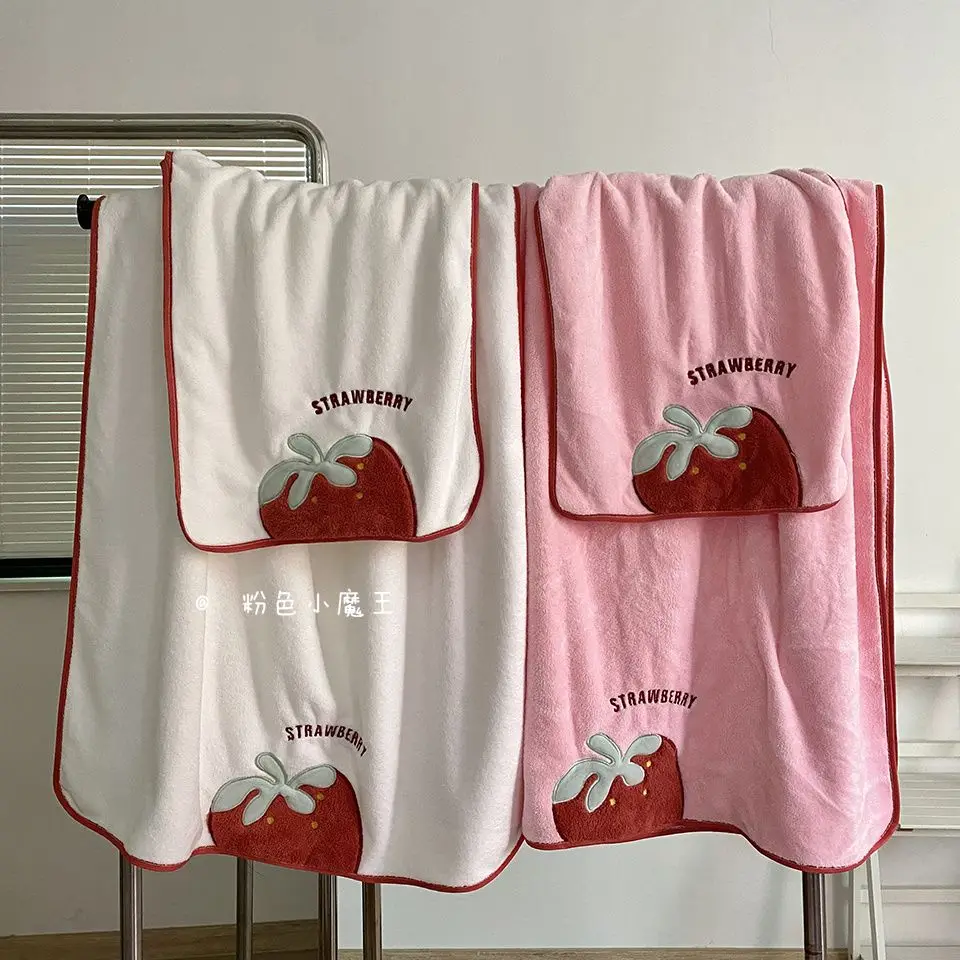 Strawberry Embroidery Face Towel Couples Cute Daily Ins Home Household Strong Absorbent Soft Coral Fleece New Simple Microfiber 5