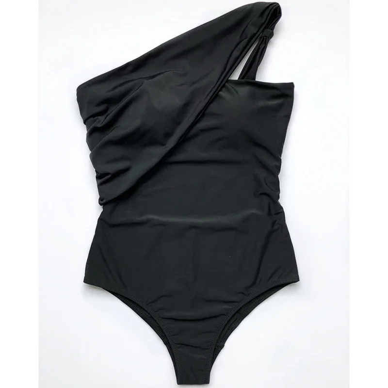 Sexy One Shoulder One Piece Bikini Solid Black Swimsuit Women Bandage Swimwear Bodysuits Female Bathers Bandeau Monokini 2021