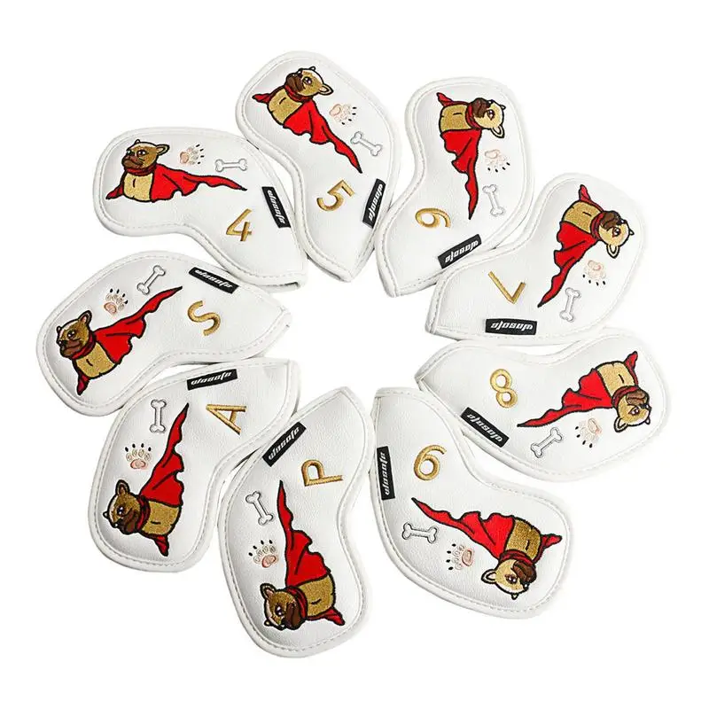 

9pcs Driver Head Cover Dog Funny French Fighting Dog Pattern Thick Synthetic PU Leather Golf Iron Head Covers For Most Brands