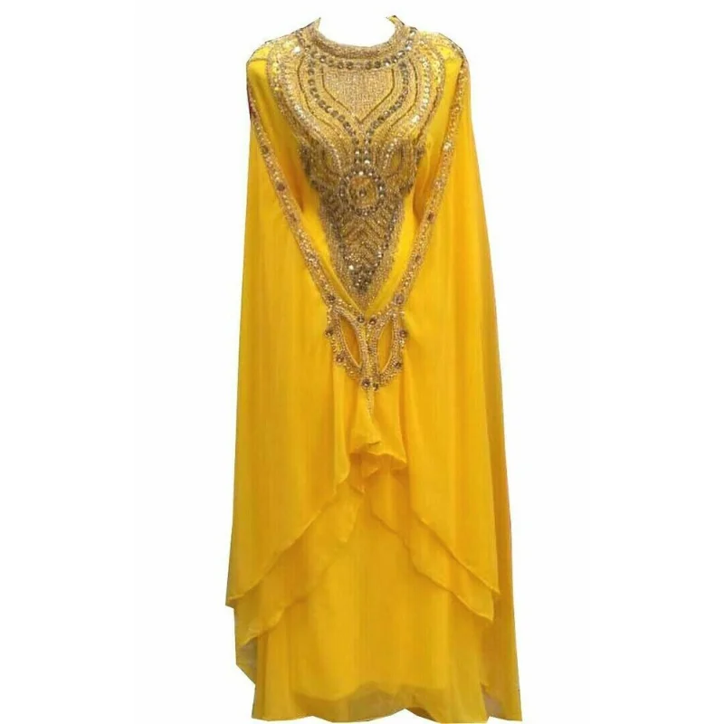Yellow Royal Dubai Abito Marocchino Farasha Maxi Abaya Party Dress Abito Arabo Moderno