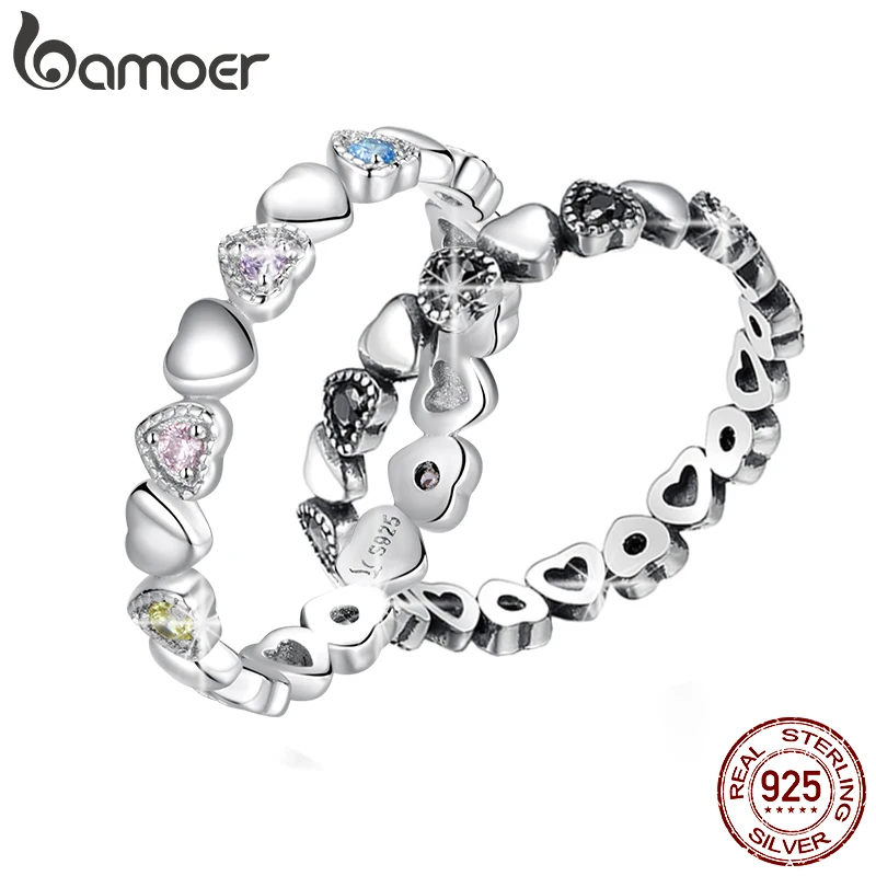 bamoer Argento scintillante Arcobaleno Anelli d'amore Cuore di cristallo Anelli in argento sterling 925 per le donne Gioielleria raffinata Regalo di nozze