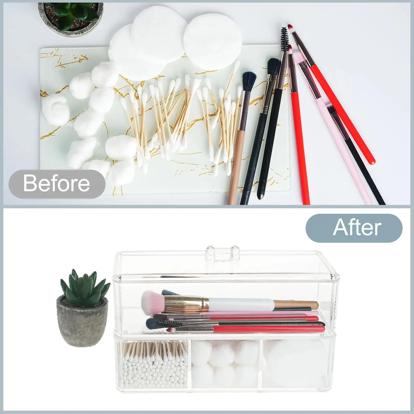 Qtip Holder, Cotton Swab and Ball Dispenser 2 Layer with Lid Clear Acrylic Bathroom Canisters Cotton Pad Organizer Bathroom 3