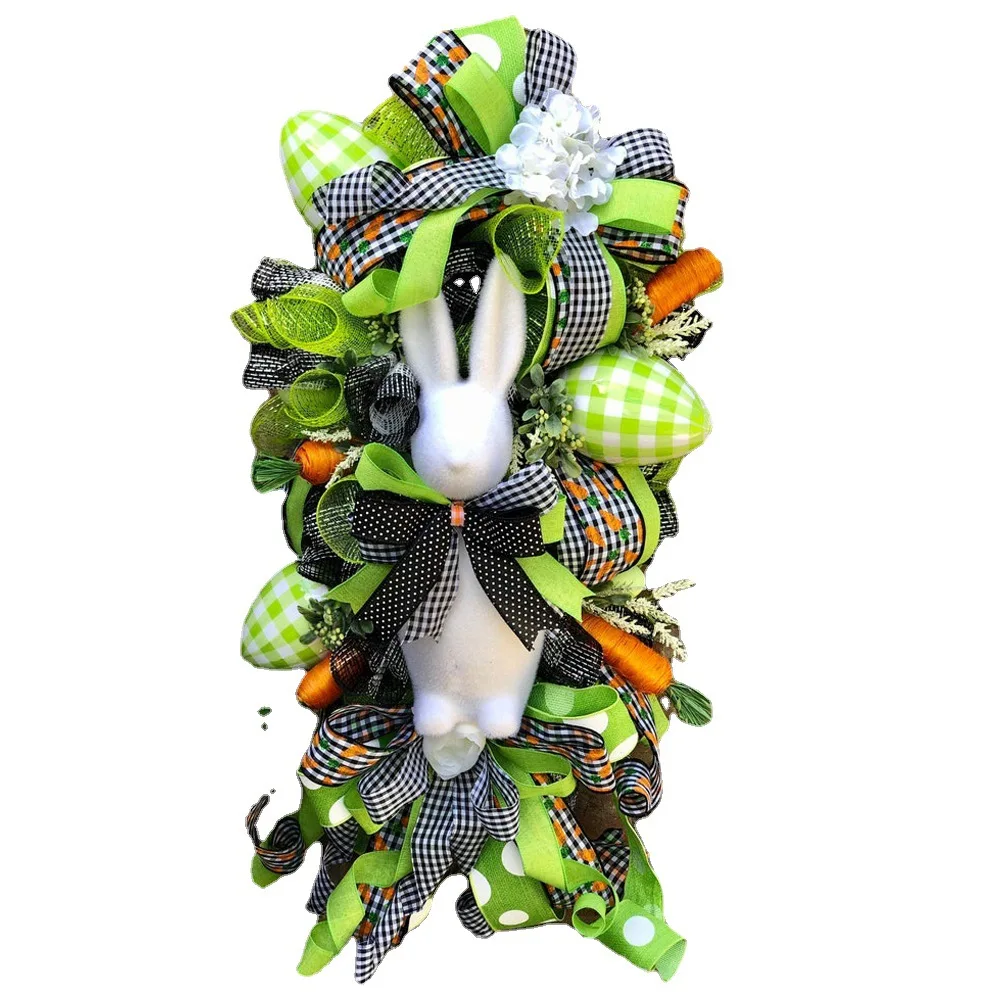 

Independent station new Easter garland rabbit black and white grid silk scarf mesh carrot decoration door wall pendant