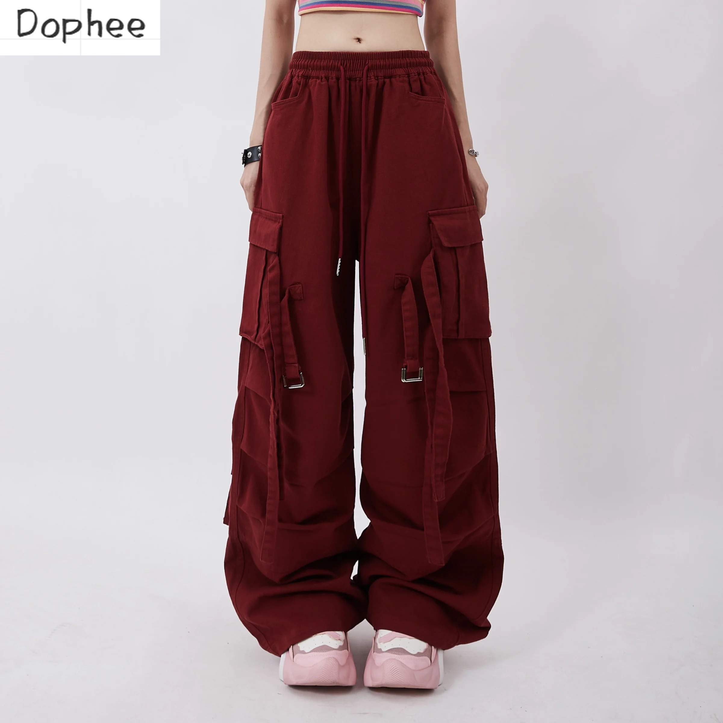 dophee-pantalones-cargo-rojos-para-mujer-con-cinta-y-multiples-bolsillos-pantalones-rectos-de-dopamina-pantalones-de-baile-elasticos-con-cordon-estilo-americano