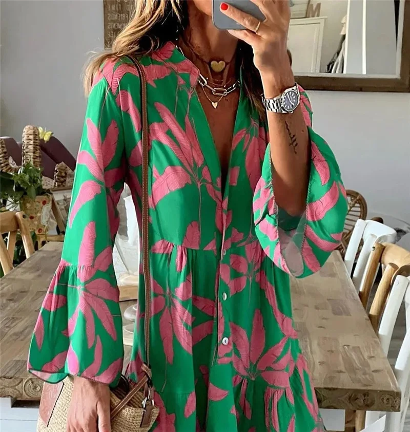 2023 Spring Summer New Women's Printed Dresses Long Sleeved Flare Sleeves Women's Mid-Length Dresses