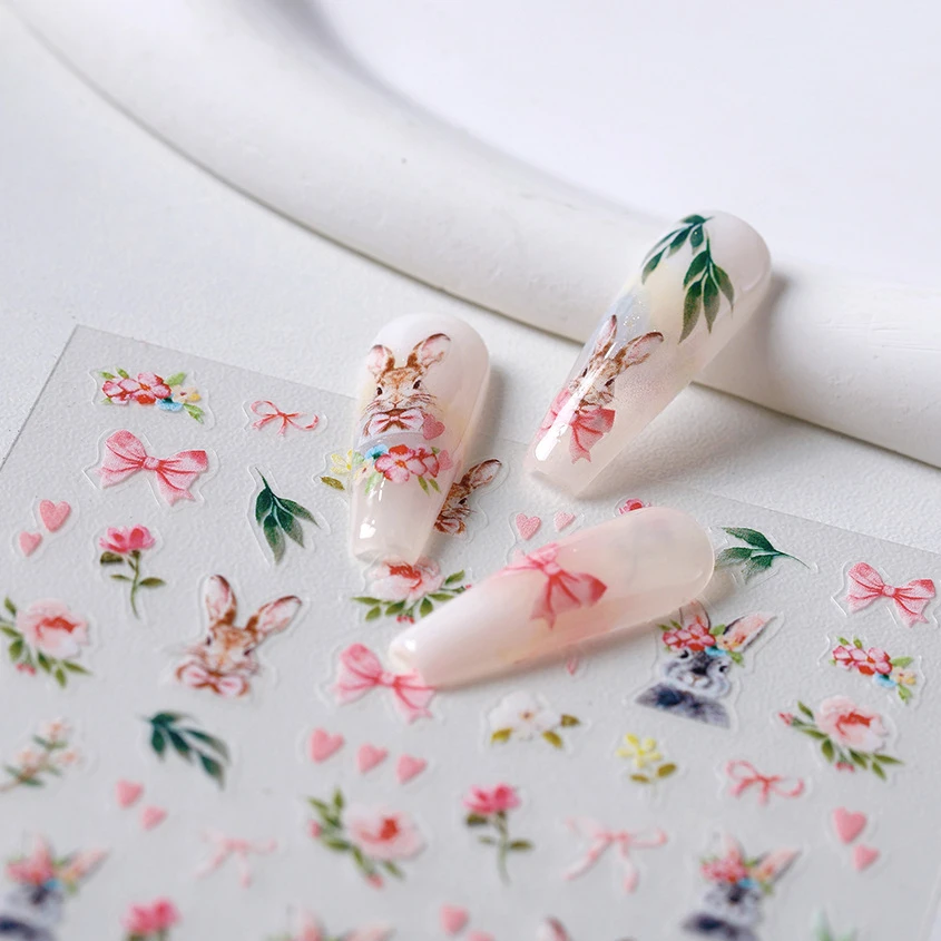 Cute Rabbit Love Heart Bowknot Easter Bunny Eggs Bunny Flower Rose Leaves Nail Art Stickers Charm Garden Animal Manicure Decals 4