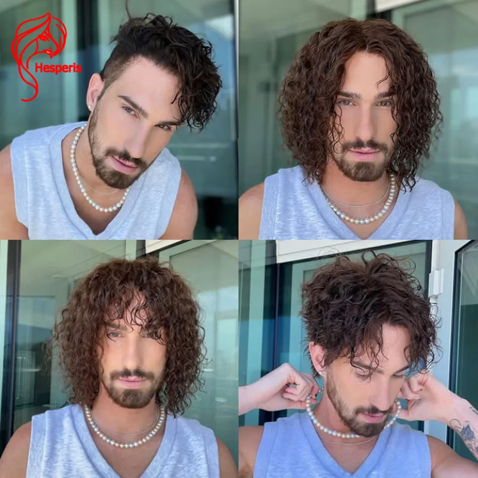 Hesperis Curly Human Hair Wigs For Men Brown Color4 Cuts Curly Full Lace Wig With Bangs Brazilian Remy Pixie Cut Short Men Wigs
