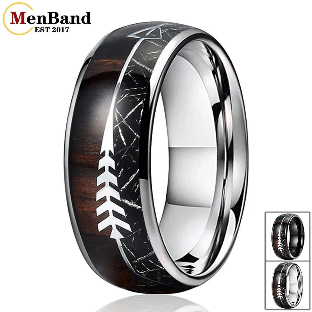 

MenBand Fashion 8MM Tungsten Carbide Wedding Band Ring Mens Womens Meteorite Arrow Nature Wood Inlay Domed Polished Comfort Fit