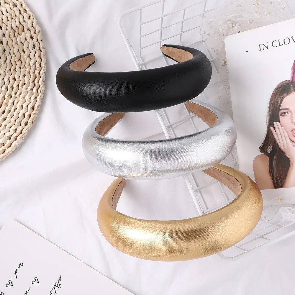 

Solid Color Wide Sponge Headband Fashion PU Lightweight Wide Hair Hoop Thick Sponge Padded Headbands Ladies