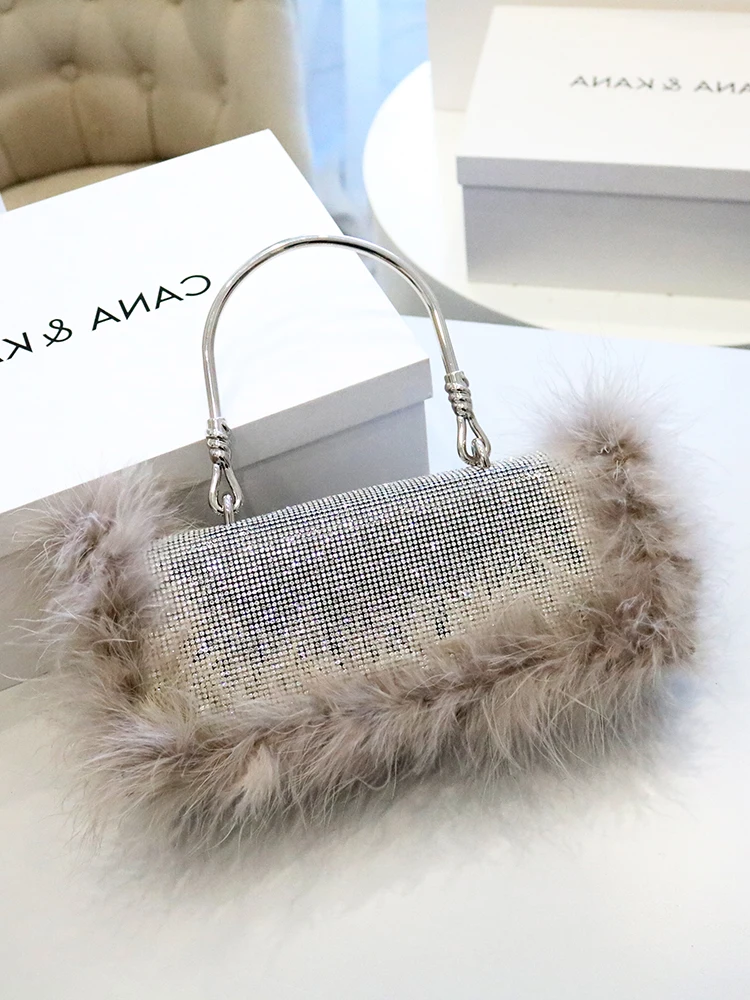 

New trend ostrich hair handbag female fashion shoulder messenger bag chain bag temperament dinner bag purses and handbags